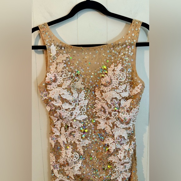 JOVANI Vintage Tan Floral Embellished Sequin Jeweled Midi Dress, Size 2 - Picture 2 of 16